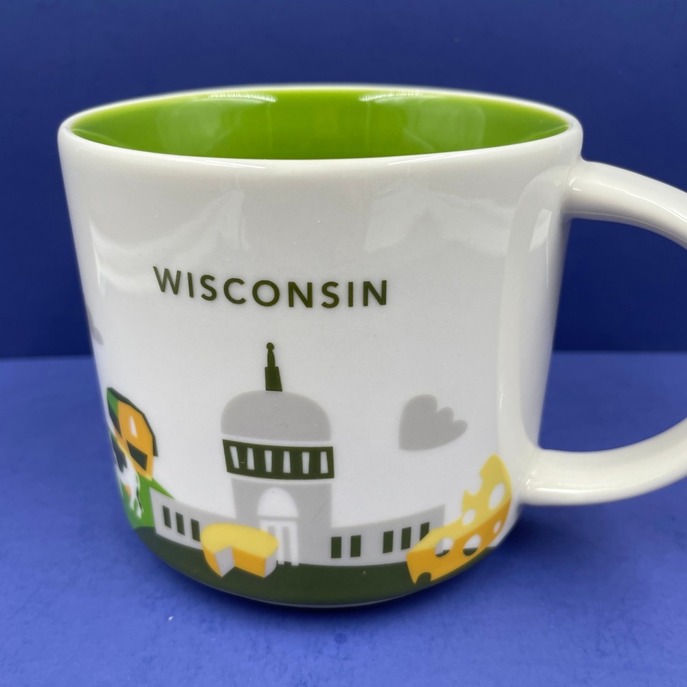 Starbucks You Are Here Wisconsin Coffee Mug 14oz 2017 Green Interior Ceramic